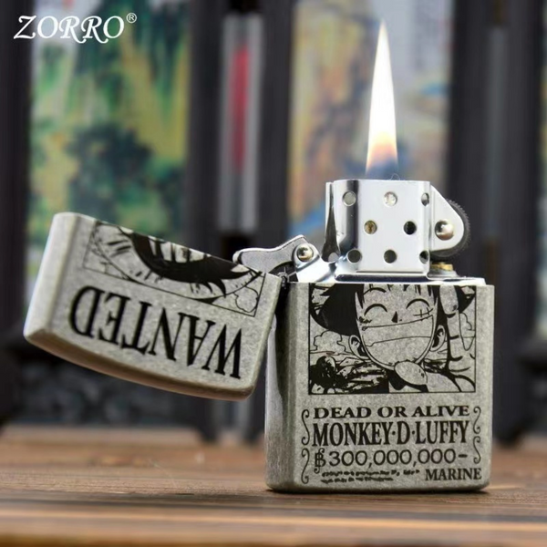 Briquet Zorro en argent antique avec affiche de recherche Luffy One Piece