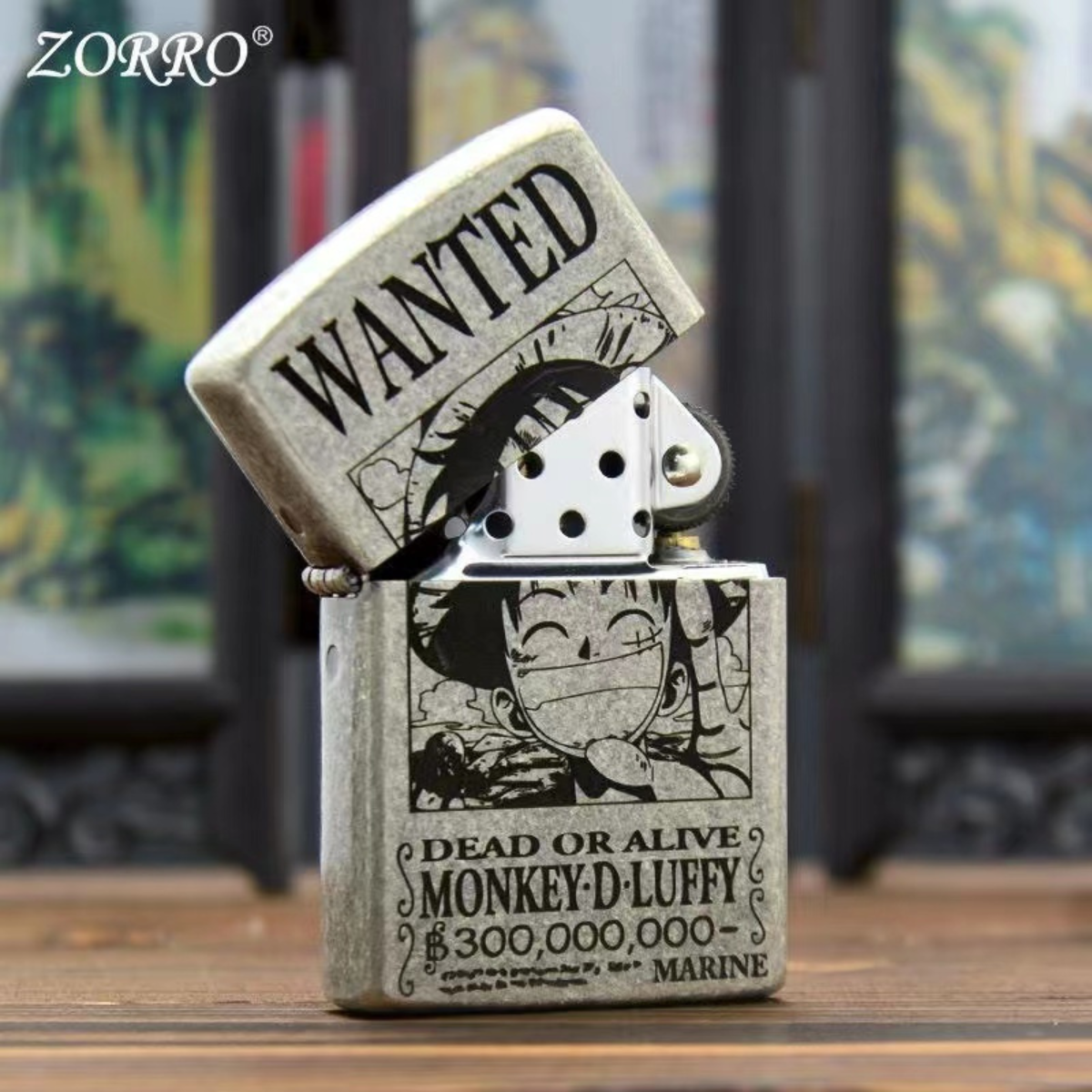 Briquet Zorro en argent antique avec affiche de recherche Luffy One Piece