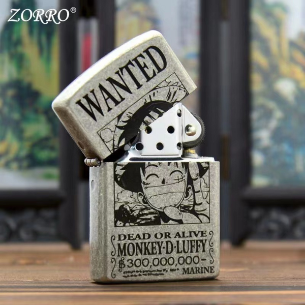 Briquet Zorro en argent antique avec affiche de recherche Luffy One Piece