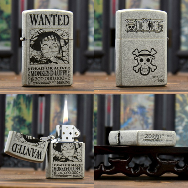 Briquet Zorro en argent antique avec affiche de recherche Luffy One Piece