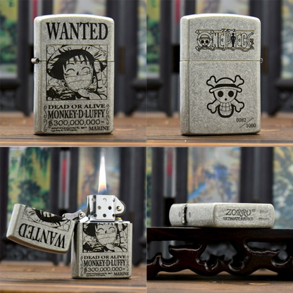 Briquet Zorro en argent antique avec affiche de recherche Luffy One Piece