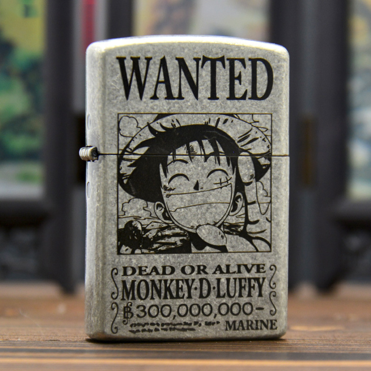 Briquet Zorro en argent antique avec affiche de recherche Luffy One Piece