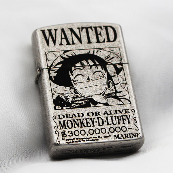 Briquet Zorro en argent antique avec affiche de recherche Luffy One Piece
