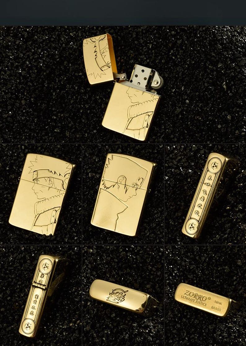 Naruto engraved brass lighter collectible.