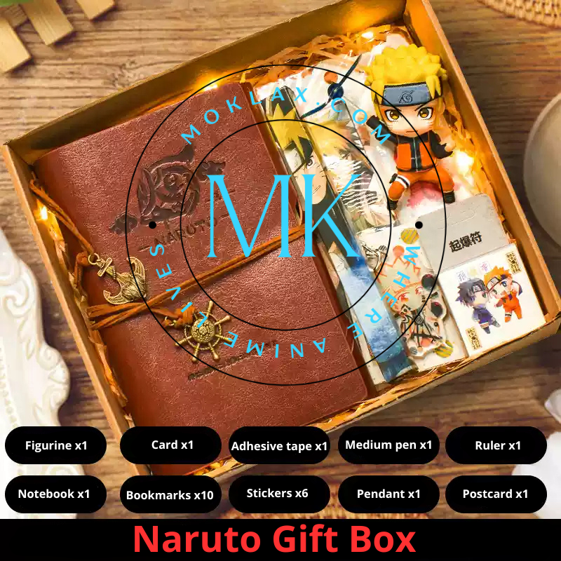 Naruto gift box featuring action figure, notebook, and collectible items