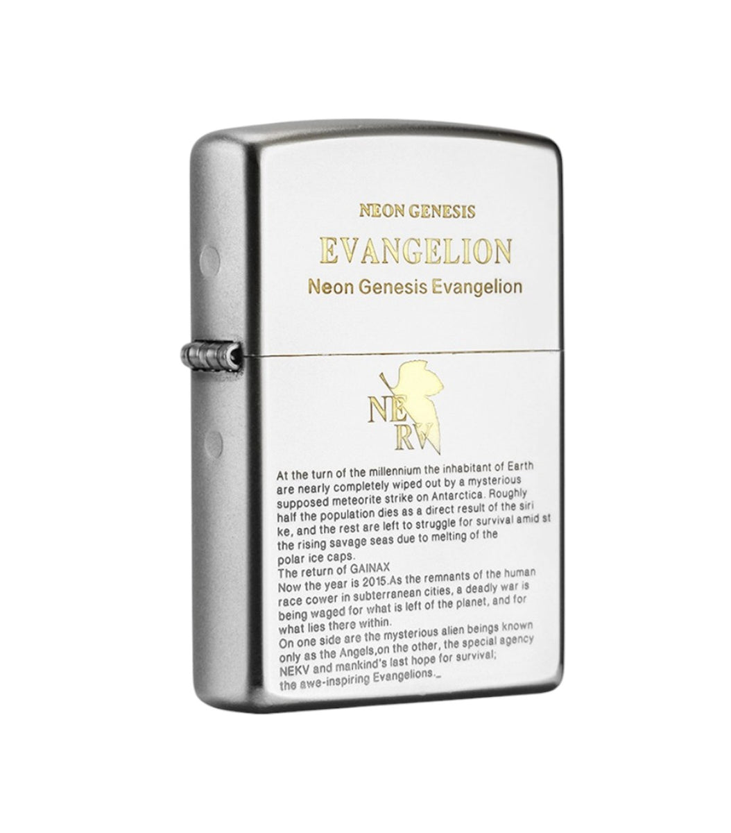 Neon Genesis Evangelion deep carved Zippo lighter featuring the NERV logo and series details, part of the Classic Series, perfect for anime collectors.