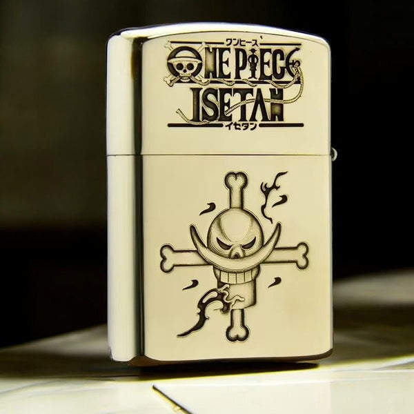 Back view of engraved brass lighter featuring One Piece logo and emblem - ideal collectible for anime fans