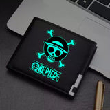 One Piece wallet with glowing design featuring the iconic skull logo with Luffy's straw hat. A perfect accessory for fans of the anime series.