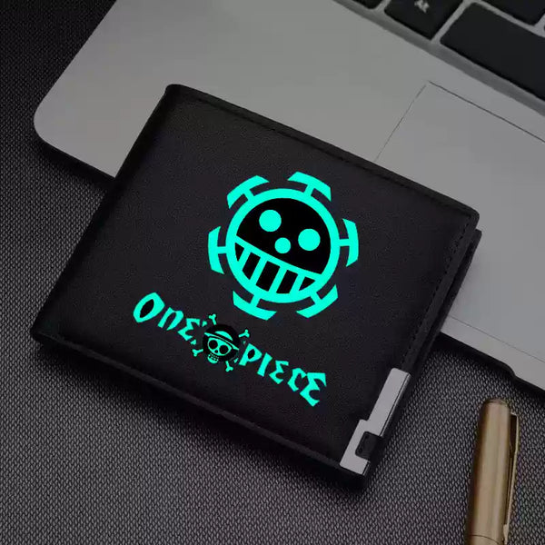 One Piece wallet with glowing design featuring the iconic skull logo. A sleek and stylish accessory for fans of the anime series.