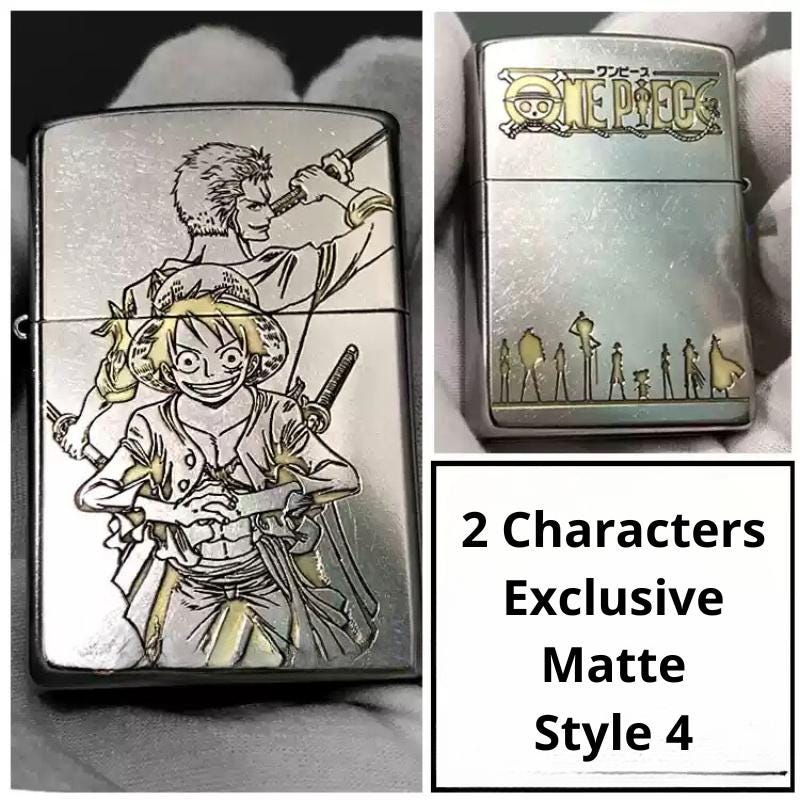 One Piece Exclusive Matte Style 4 Lighter with Luffy and crew engraving. Featuring detailed artwork on a sleek matte finish for anime fans and collectors.