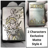 One Piece Exclusive Matte Style 4 Lighter with Luffy and crew engraving. Featuring detailed artwork on a sleek matte finish for anime fans and collectors.