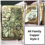 One Piece All Family Copper Style 2 Lighter with Luffy and crew engraved, featuring a ship and skull logo. A premium copper finish for anime fans.