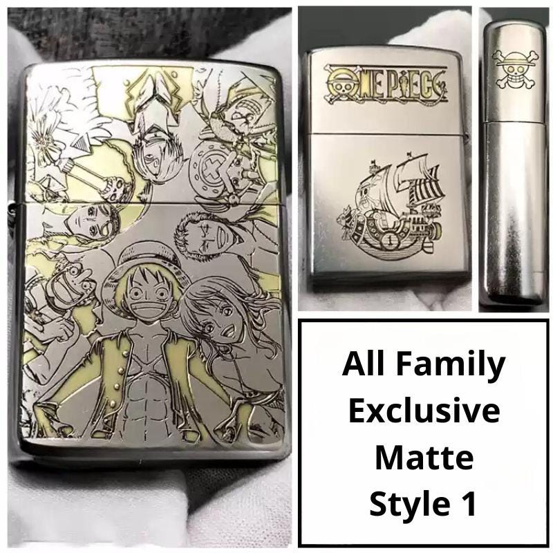 One Piece All Family Exclusive Matte Style 1 Lighter, featuring a design with Luffy and crew engraved on the front, plus a ship and skull logo.