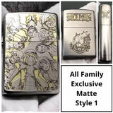 One Piece All Family Exclusive Matte Style 1 Lighter, featuring a design with Luffy and crew engraved on the front, plus a ship and skull logo.