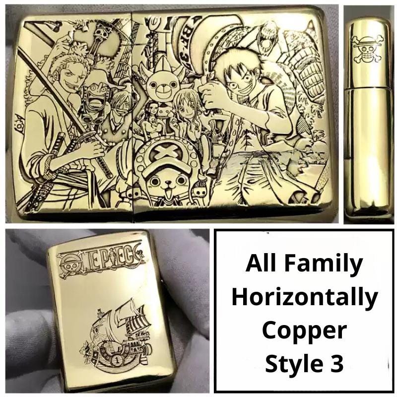 One Piece All Family Horizontally Copper Style 3 Lighter with Luffy and crew engraved. Featuring a ship and skull logo with a shiny copper finish for anime fans.