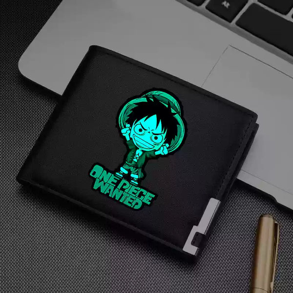 One Piece Luffy wallet with glowing wanted design. A stylish and unique wallet featuring Luffy’s iconic character and "Wanted" message. Perfect for fans of the anime series.