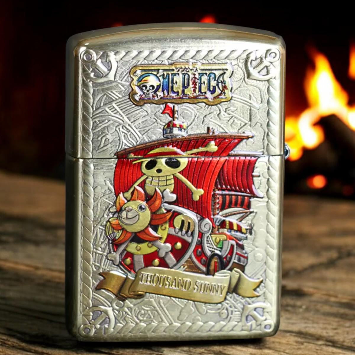 Back side of Nami collectible brass lighter featuring Thousand Sunny ship from One Piece - perfect for anime fans and collectors