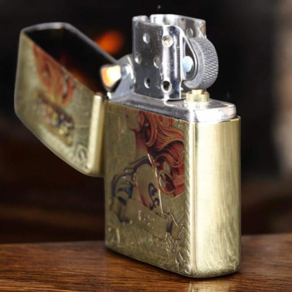 Side view of open collectible brass lighter featuring Nami from One Piece - ideal anime gift for fans and collectors