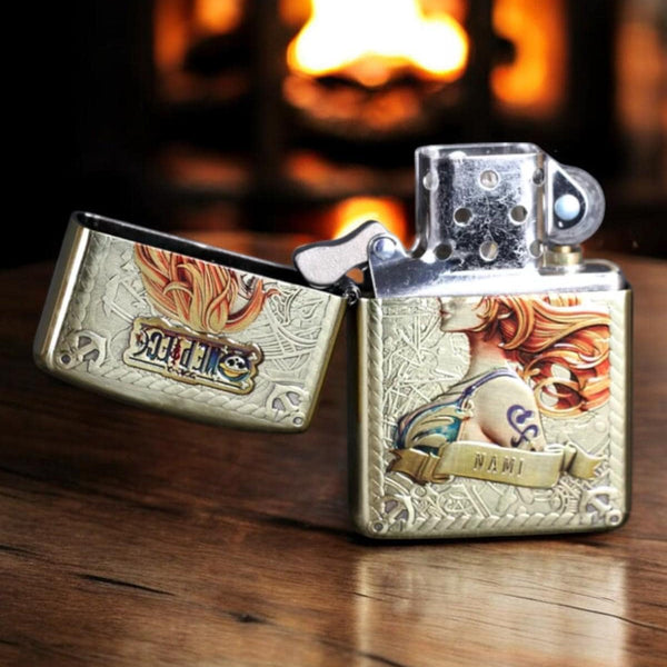 Open view of collectible brass lighter featuring Nami from One Piece - ideal gift for anime fans and collectors