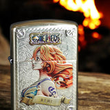 Front view of collectible brass lighter featuring Nami from One Piece - ideal anime gift for fans and collectors