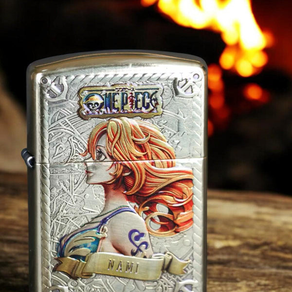 Front view of collectible brass lighter featuring Nami from One Piece - ideal anime gift for fans and collectors