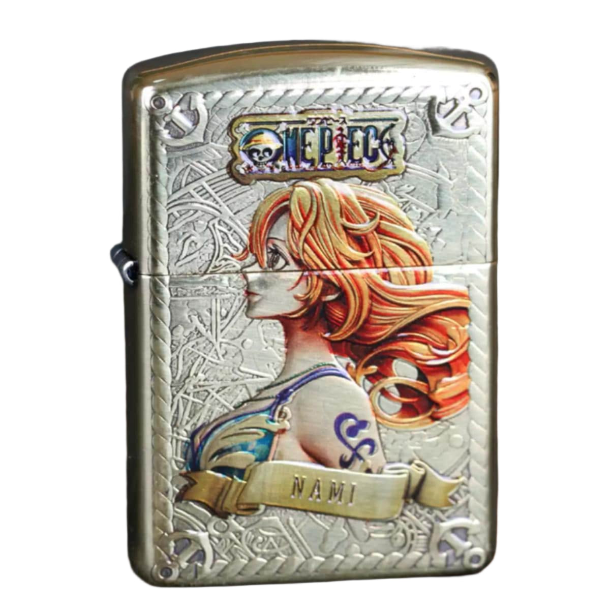 Front side of collectible brass lighter featuring Nami from One Piece - perfect anime gift for fans and collectors