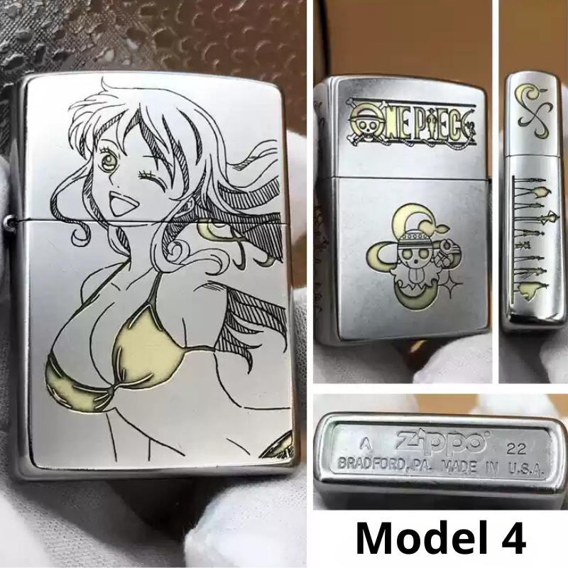 One Piece Zippo lighter Model 4 featuring Nami in a vibrant design on the front, the iconic Straw Hat Pirates logo on the back, and intricate engravings on the sides, crafted with authentic Zippo quality.