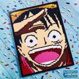 Pixel art mosaic kit featuring Luffy from One Piece, 6288 pieces, size 42x32cm.