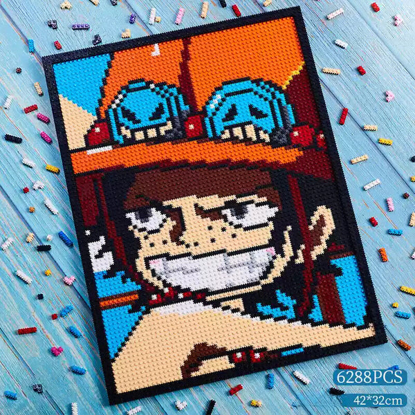 Pixel art mosaic kit featuring Sabo from One Piece, 6288 pieces, size 42x32cm.