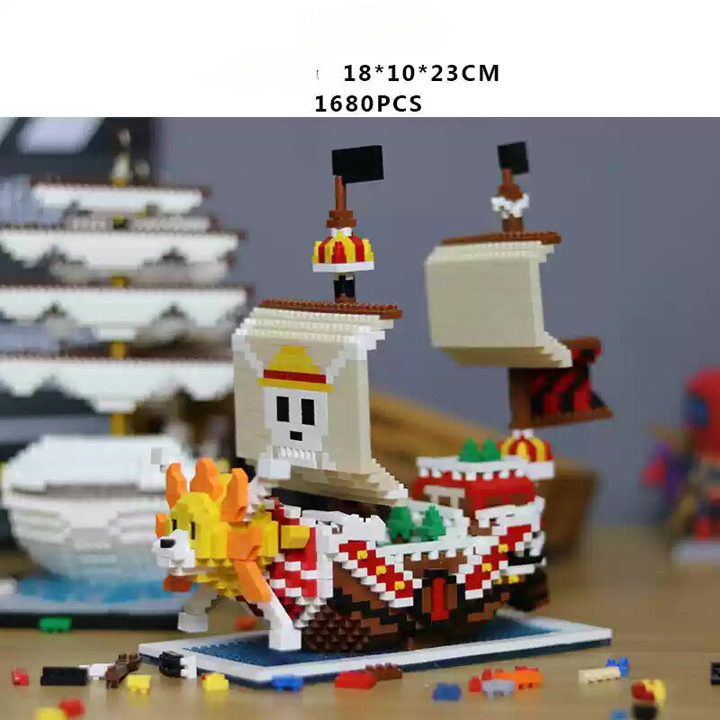 One Piece pixel art ship model kit with 1680 pieces, including a detailed design of the ship and a character.