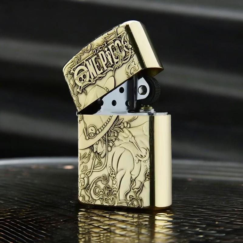 Open view of engraved brass lighter featuring Portgas D. Ace from One Piece - ideal collectible for anime fans