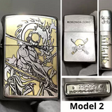 One Piece Zippo lighter Model 2 featuring Roronoa Zoro with flame and sword design on the front, pirate emblem on the back, and detailed side engravings, showcasing official Zippo branding.