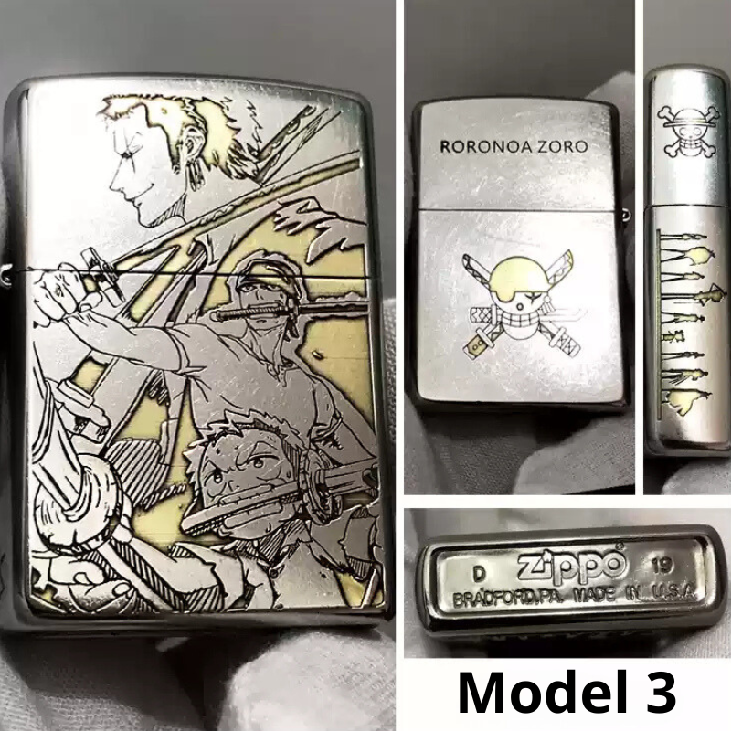 One Piece Zippo lighter Model 3 showcasing Roronoa Zoro in an action pose on the front, pirate insignia on the back, and intricate side engravings, crafted with authentic Zippo detailing.