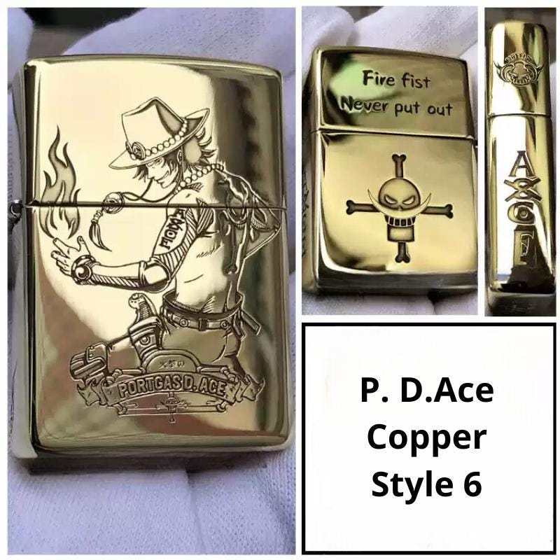 Portgas D. Ace Copper Style 6 Lighter with detailed engraving of Ace's iconic image from One Piece, featuring the "Fire Fist" and his signature symbol, perfect for anime collectors.