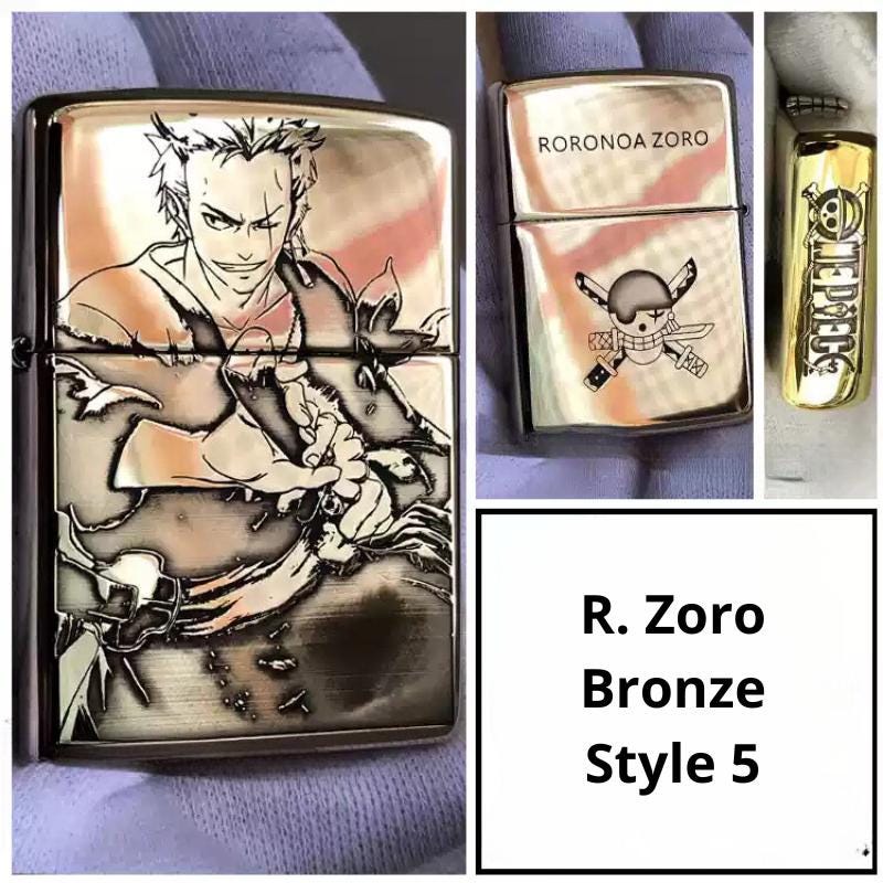 Roronoa Zoro Bronze Style 5 Lighter featuring a detailed engraving of the iconic swordsman from One Piece, showcasing his fierce image and unique design. Perfect for collectors and anime fans.