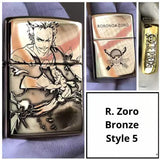 Roronoa Zoro Bronze Style 5 Lighter featuring a detailed engraving of the iconic swordsman from One Piece, showcasing his fierce image and unique design. Perfect for collectors and anime fans.