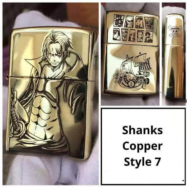 Shanks Copper Style 7 Lighter featuring an engraved image of Shanks from One Piece, with detailed engravings of iconic characters and the One Piece ship, ideal for anime fans.