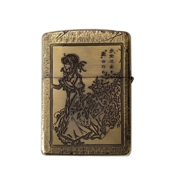 Back view of the Violet Evergarden Zippo lighter featuring antique laser engraving on pure copper, showcasing Violet in an elegant floral scene.