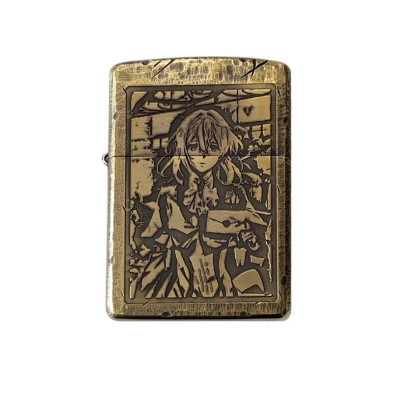 Front view of the Violet Evergarden Zippo lighter featuring antique laser engraving on pure copper, showcasing detailed artwork of Violet Evergarden.