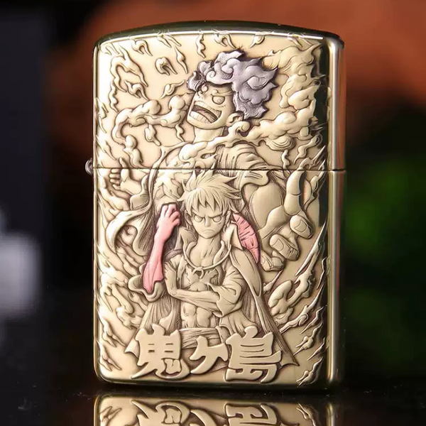 Front view of Zippo One Piece lighter featuring Monkey D. Luffy with intricate double-sided 3D relief design, showcasing premium craftsmanship.