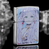 Front view of a Zippo lighter featuring a high-quality print of Frieren from the anime 