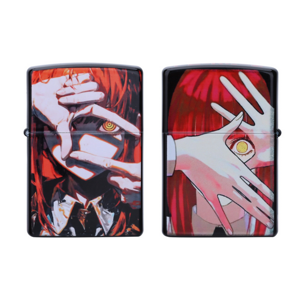 Front and back views of a Zippo lighter printed with vibrant anime artwork featuring Makima from Chainsaw Man.