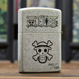 Back engraving of Zorro One Piece lighter featuring the Straw Hat Pirates' Jolly Roger and the One Piece logo, crafted with intricate details.