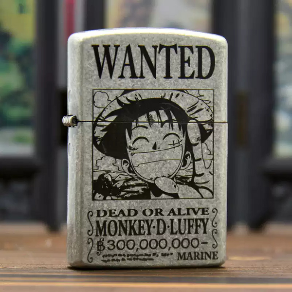 Zorro metal lighter featuring Monkey D. Luffy's Wanted Poster design from One Piece, engraved with intricate details and a durable finish.